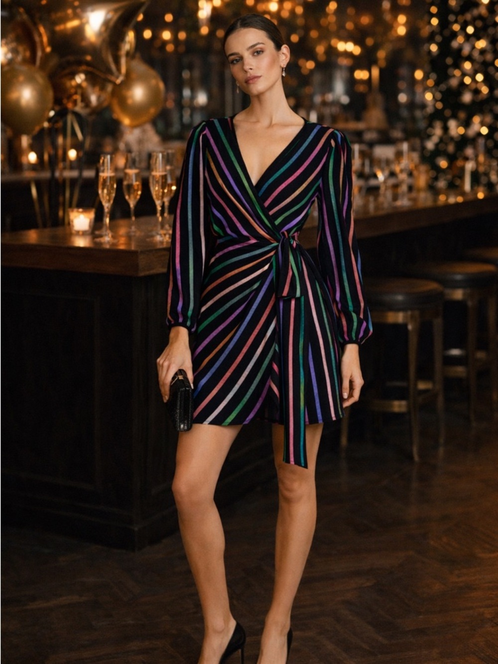 Tanya Taylor Vibrant Striped Wrap Dress | Long Sleeve| Statement Cocktail Party